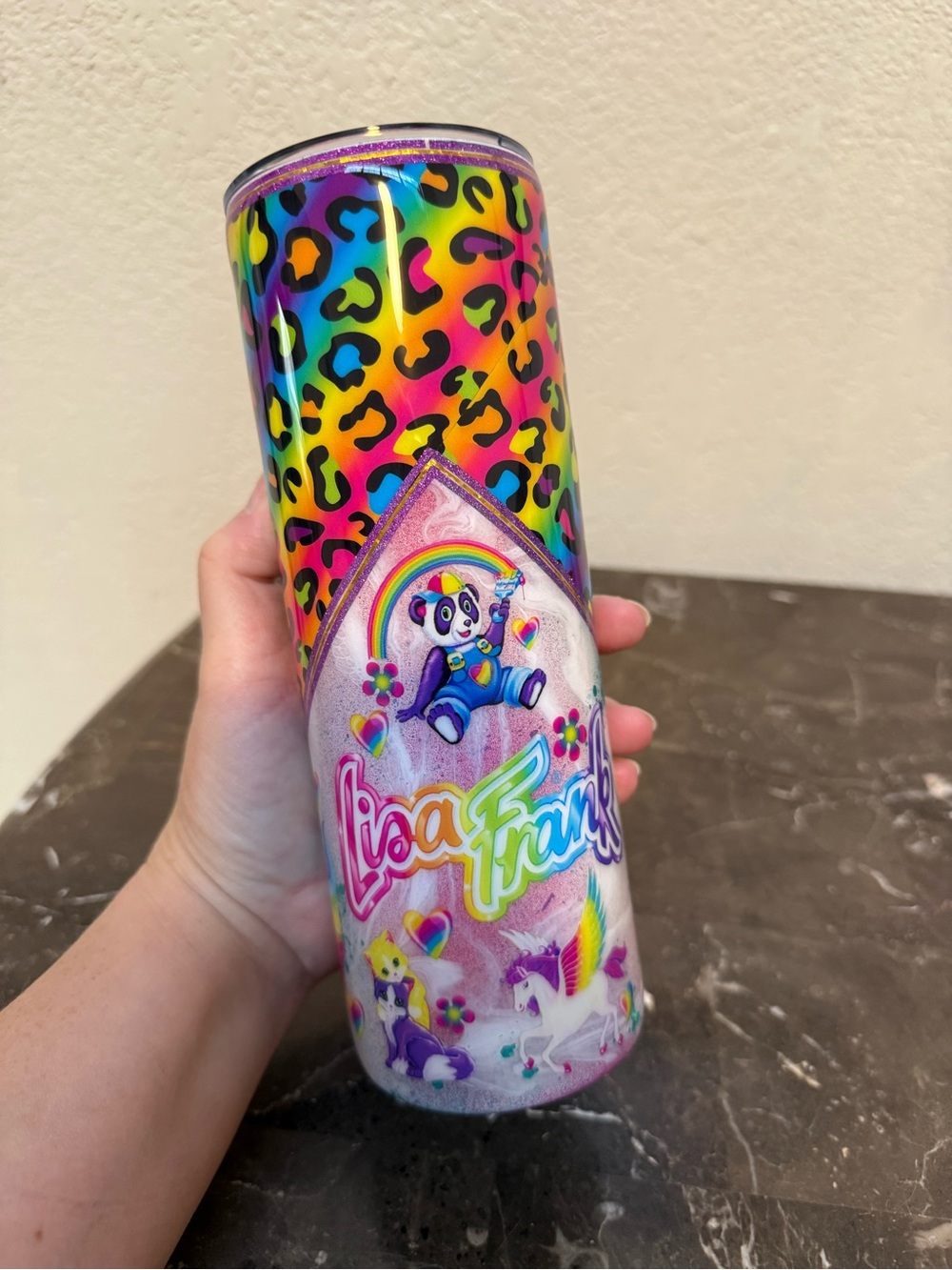 Lisa Frank Cheetah Colorful Glitter 20 oz Pink Skinny Tumbler Cup Handmade